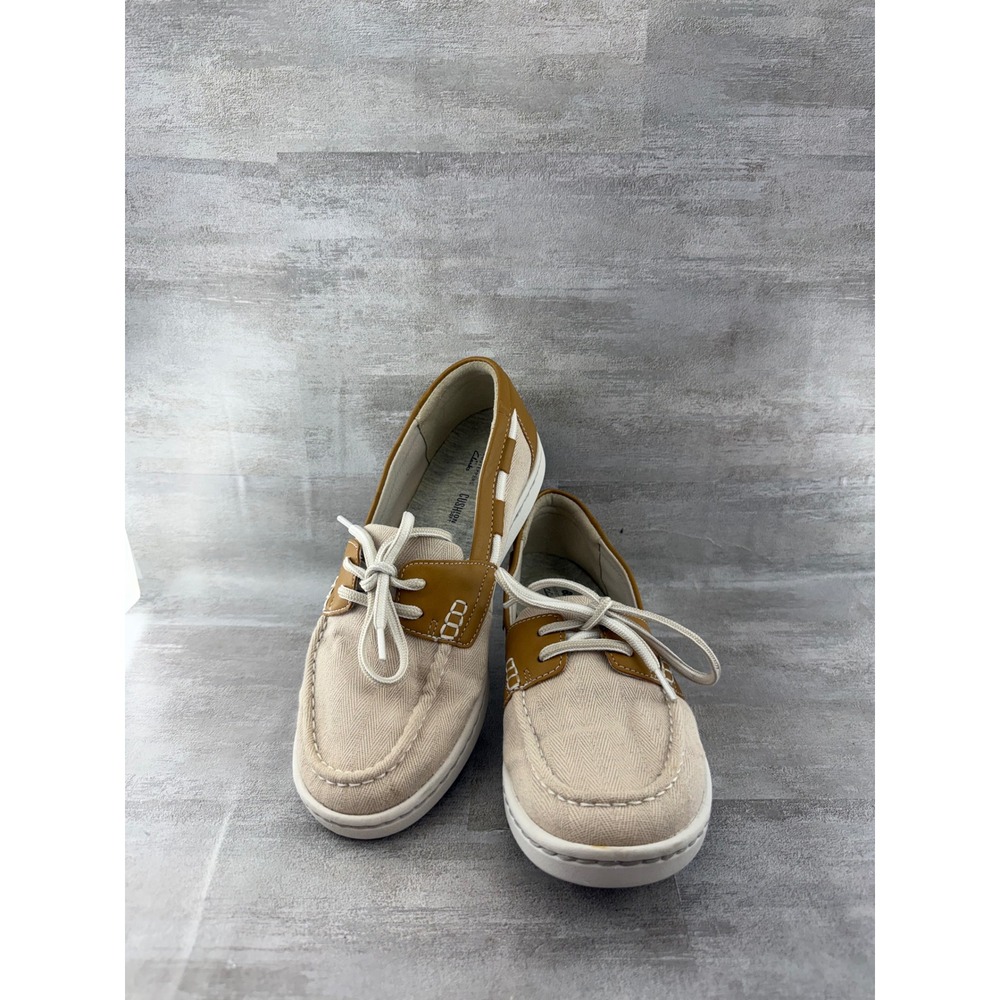 Clarks Cloudsteppers Women Sz 6.5M Tan Canvas Boat Shoes Loafers 261414324040